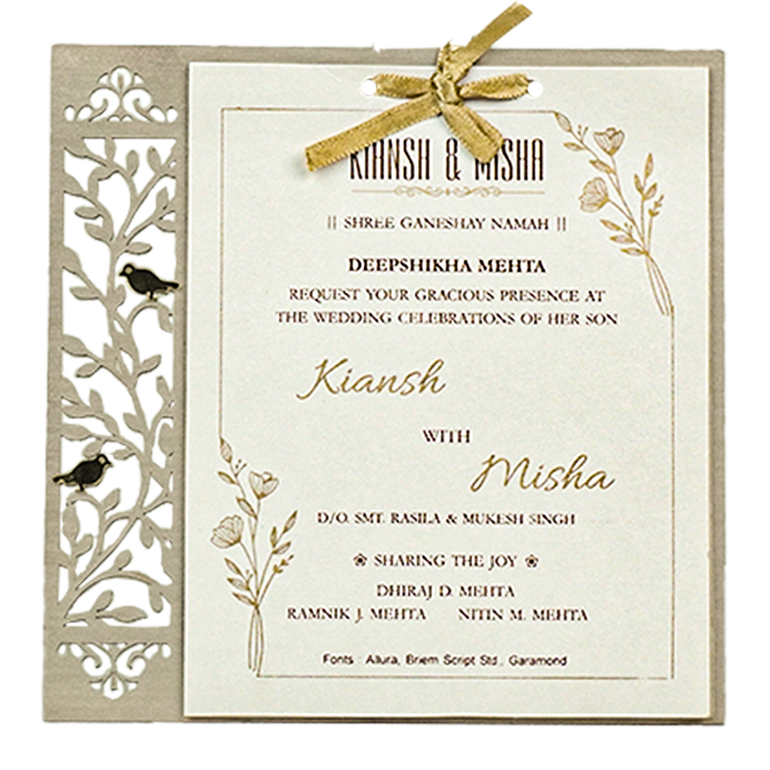 Elegant Ivory Laser-Cut Wedding Card - KRC31440