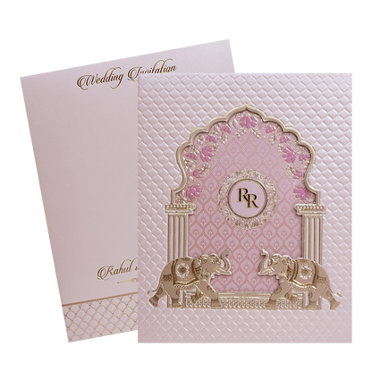 Pink Gold Elephant Arch Padded Wedding Card - KMMWD1118