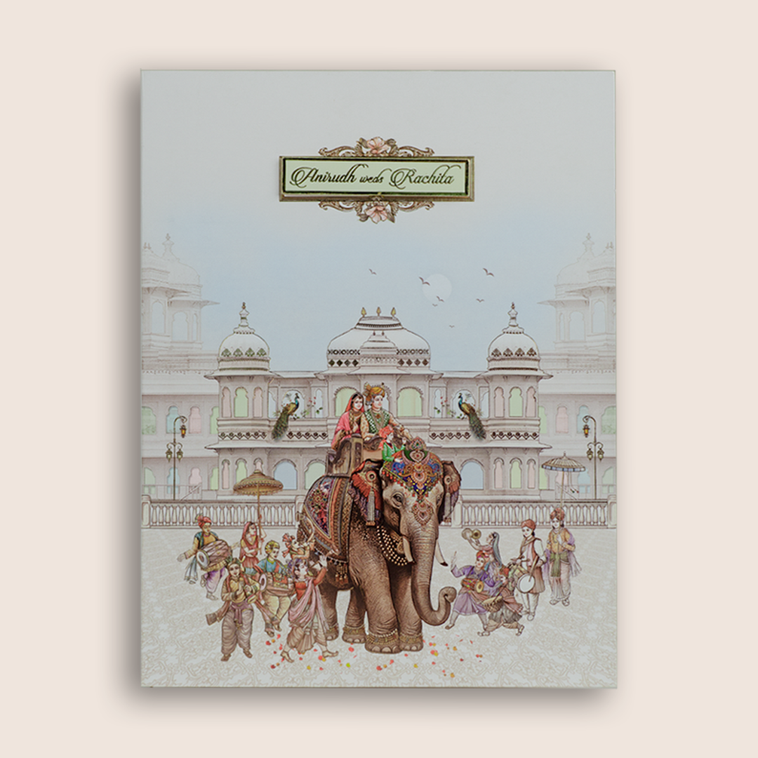 White Royal Elephant Baraat Wedding Card - KAA05140