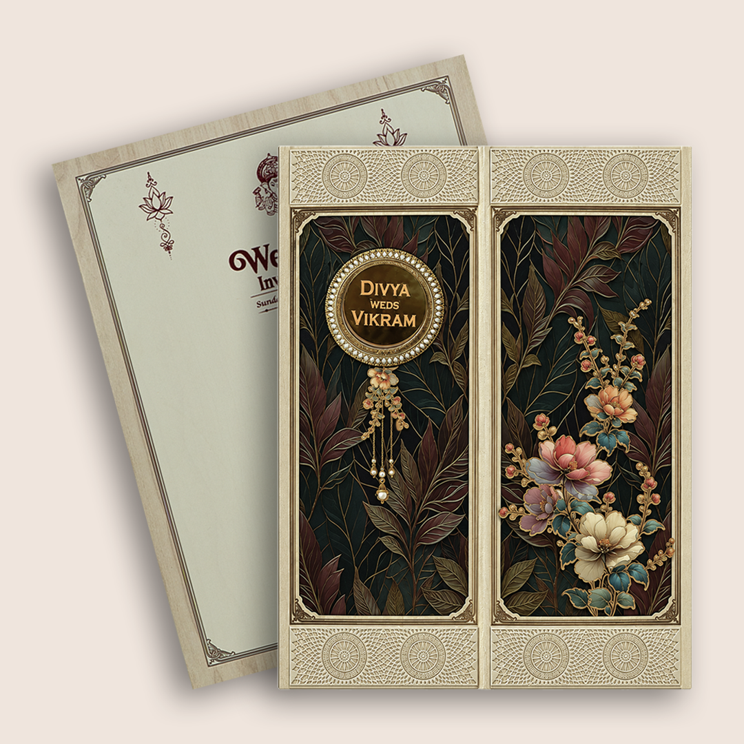 Cream Floral Door Style Wedding Invitation Card - KNKN6324