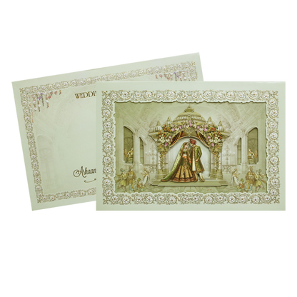 Green Gold Royal Palace Bride &amp; Groom Padded Wedding Card - KMMEX8080