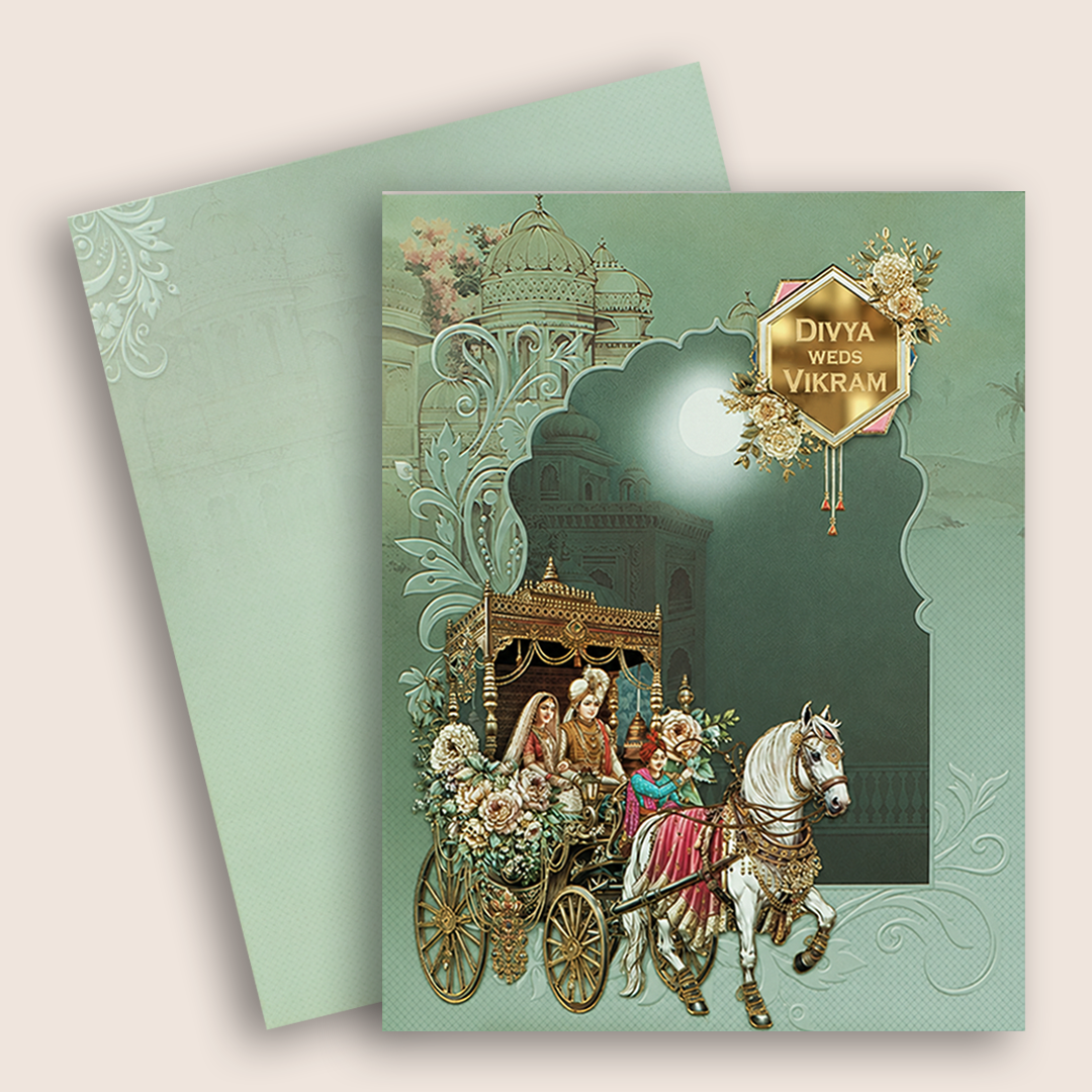 Teal Green Horse Chariot Bride Groom Wedding Card - KNKJ1164