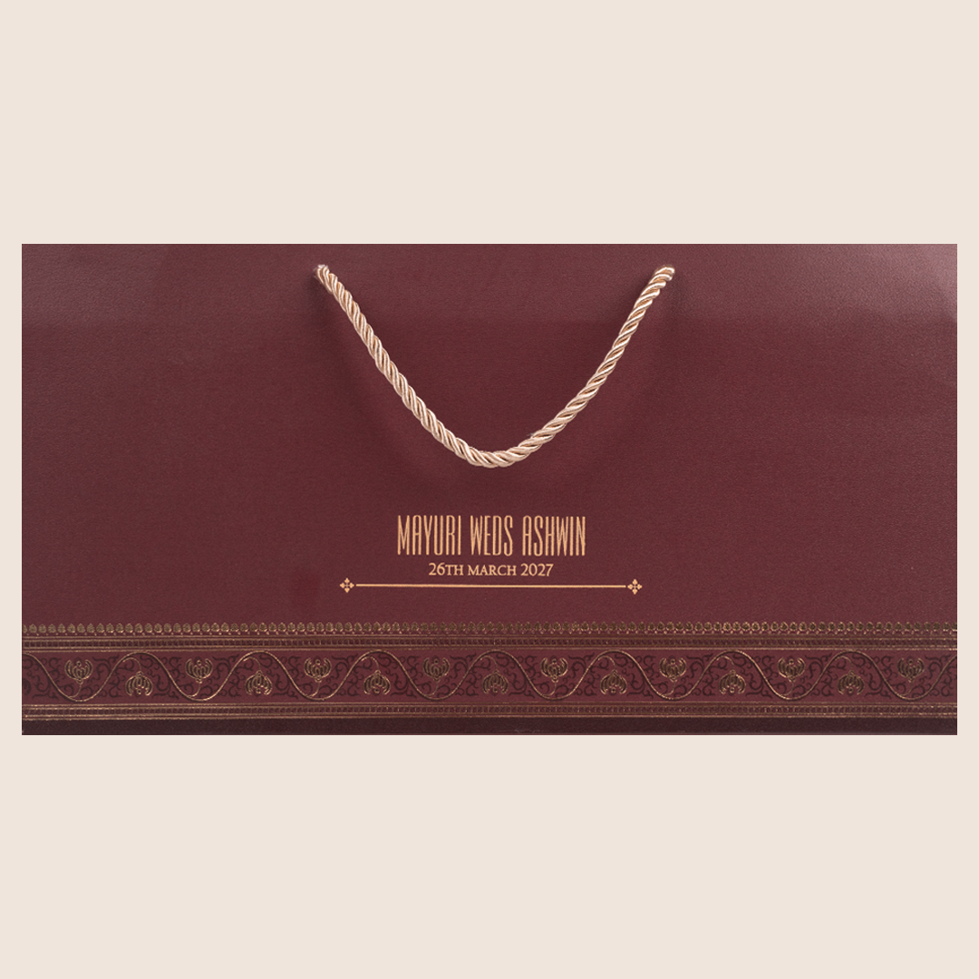 Maroon Floral Padded Bag Style Wedding Card - KPR024890