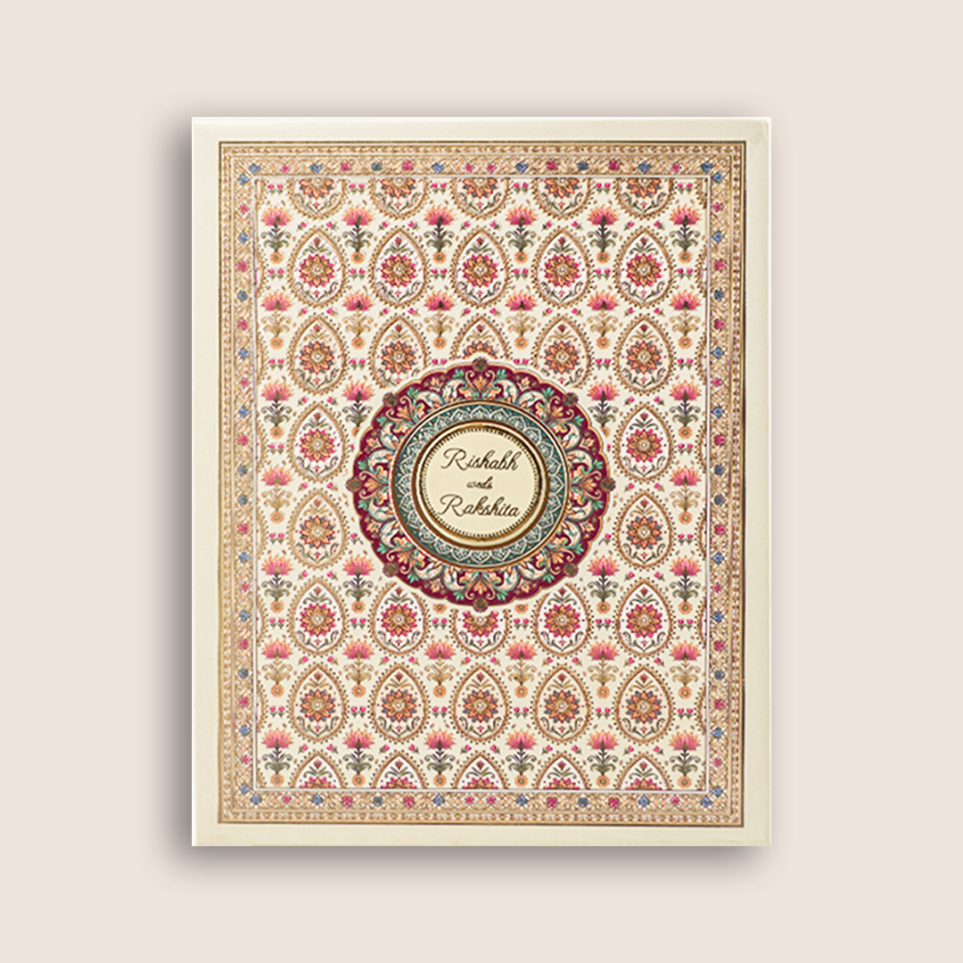 Cream Floral Padded  Round mandala Pattern Wedding card -KAA05720