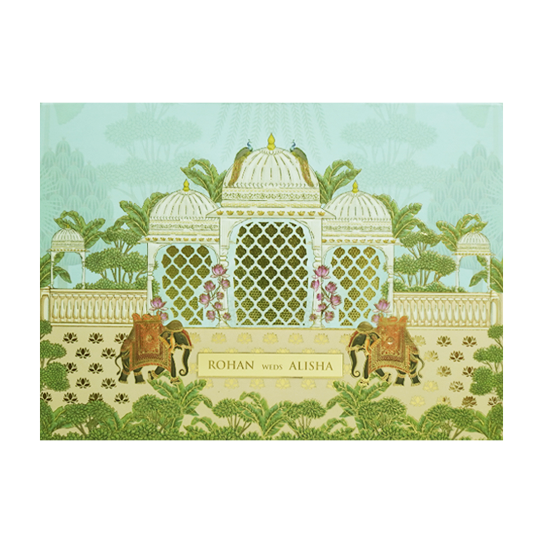 Pastel Green Embossed Elephant Padded Marriage Card - KFR15330