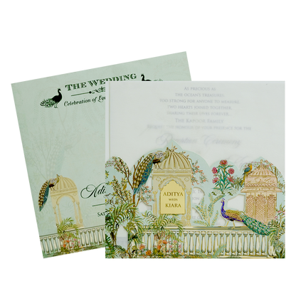 Pastel Green Peacock Dome Wedding Card-KFR15200