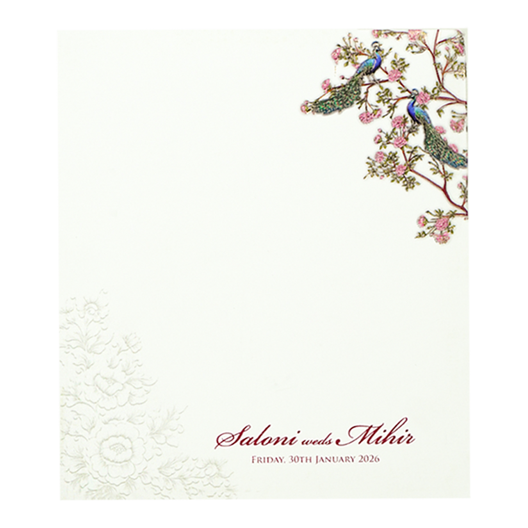 White Padded Floral Peacock Wedding Card - KPR25120