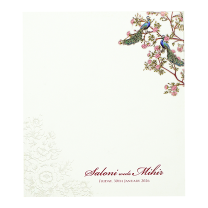 White Padded Floral Peacock Wedding Card - KPR25120