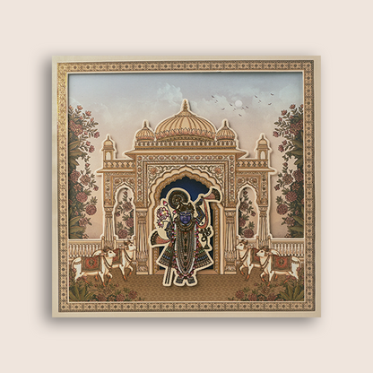 Cream Lord Shrinathji Laser Cut Padded Wedding Card - KAA06210