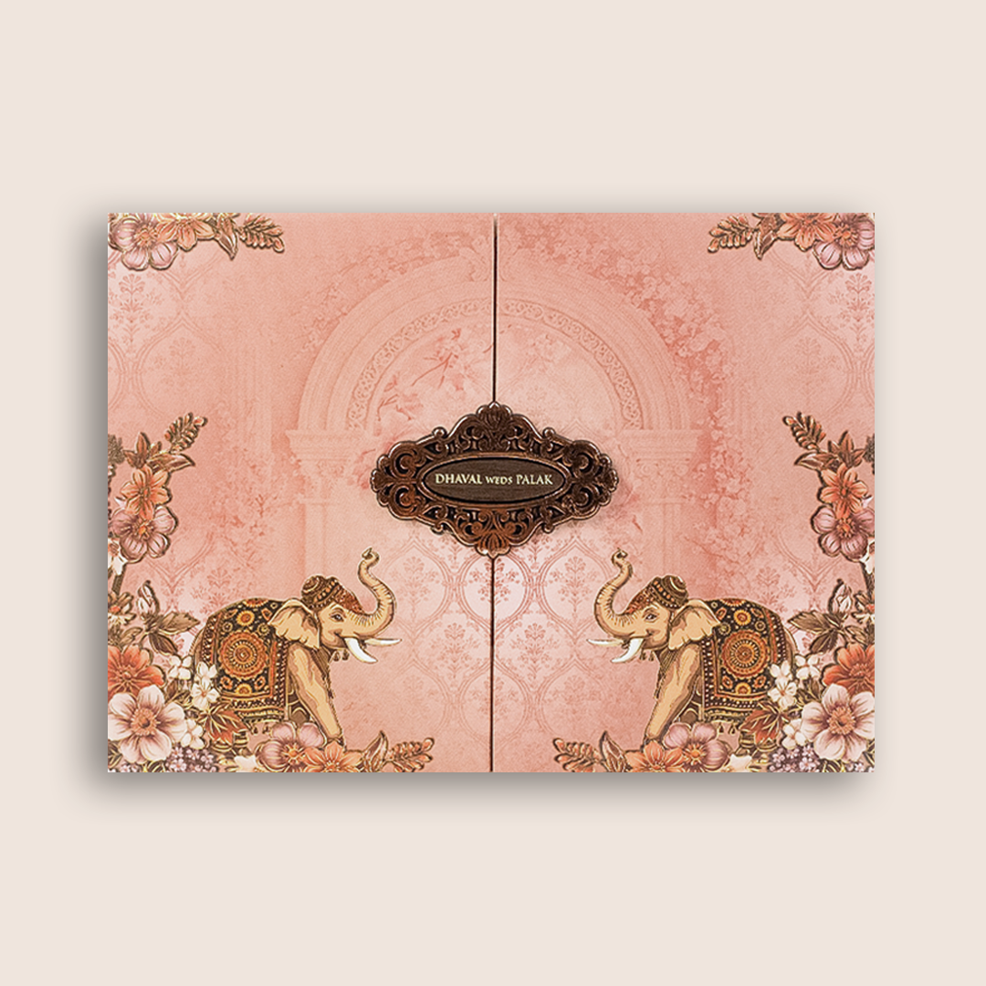 Pink Elephant Embossed Door Style Padded Wedding Card - KVN07910