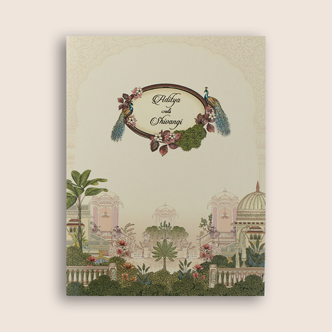 Cream Palace Peacock Wedding Card - KAA05190