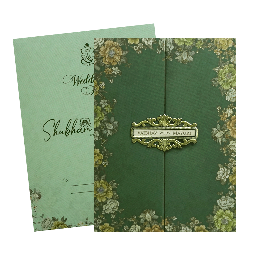Green Floral Padded Wedding Card - KSH72580