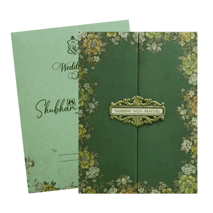 Green Floral Padded Wedding Card - KSH72580