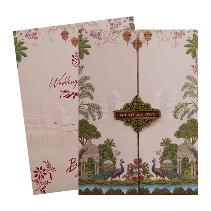 Pink Peacock Palace Padded Wedding Card- KSH72590