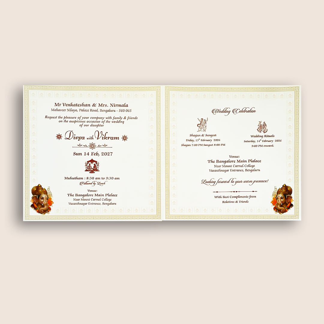 White Ganesha Floral Wedding Card - KNKD8115