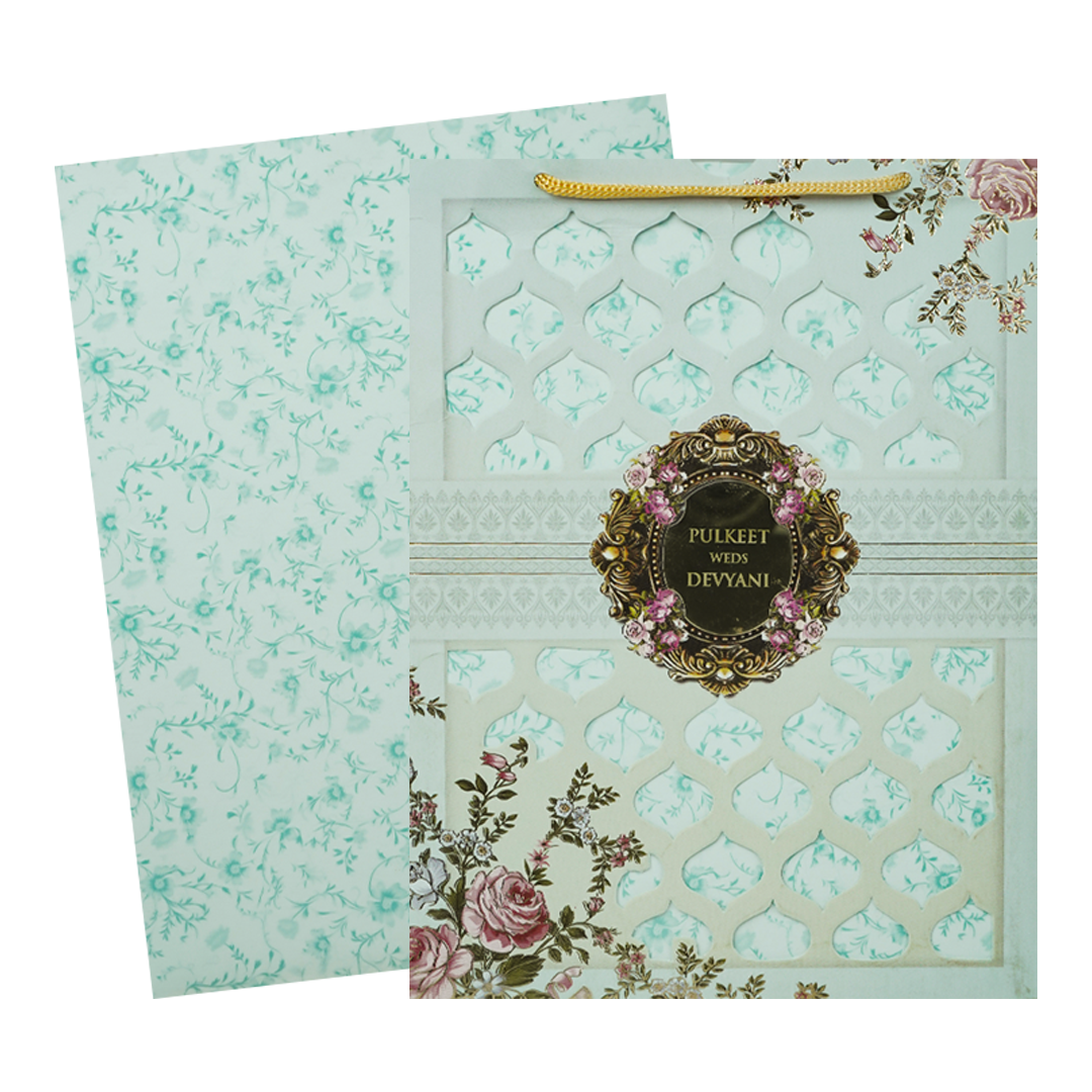 Pastel Blue Floral Jaali Bag Wedding Card-KJTS1838