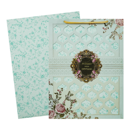 Pastel Blue Floral Jaali Bag Wedding Card-KJTS1838