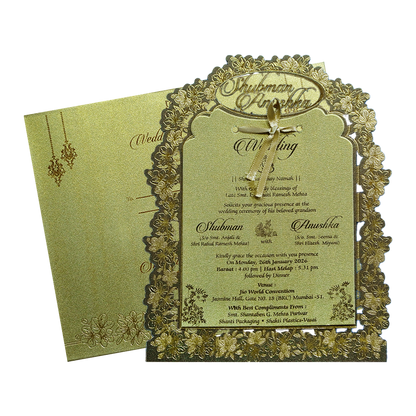 Gold Laser Cut Foil Wedding Invitation Card with Custom Name-KRB09140