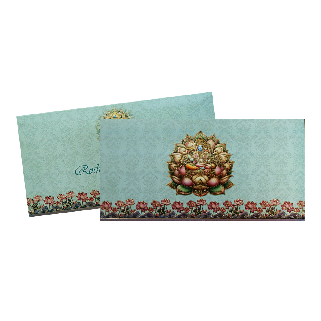 Blue Pastel Vishnu Lakshmi Boxed Wedding Card-KPR06480
