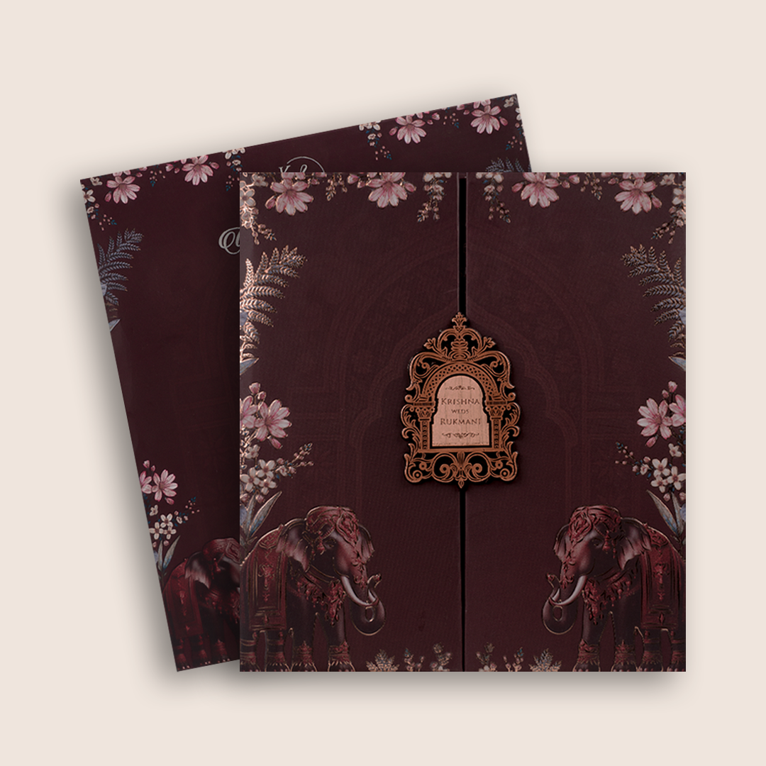 Brown Floral Padded Door Style Invitation Card - KJTS1936
