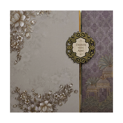 Grey Gold Floral Padded Wedding Card - KSH72980