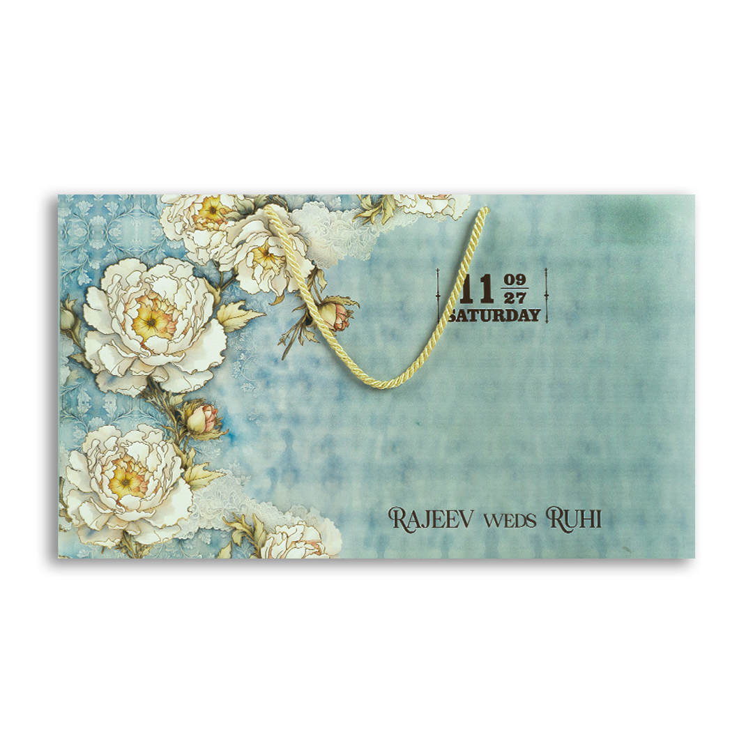 Pastel Blue Floral Padded Bag Style Invitation Card  - KPR024730
