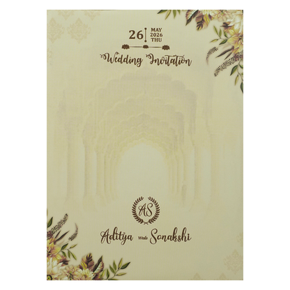 Cream Floral Palace Arch Padded Wedding Card-KRE26540