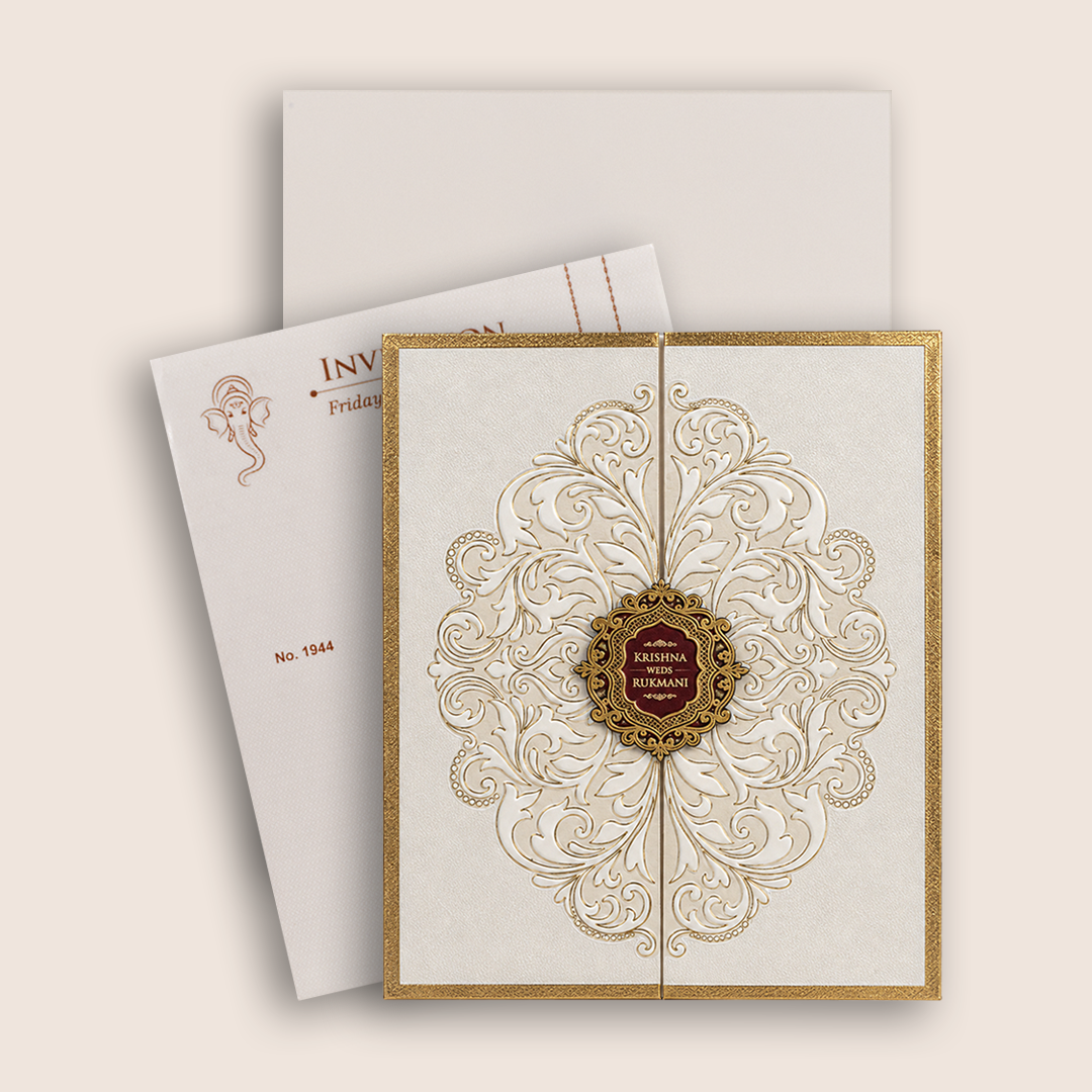 White Golden Floral  Door Style Padded Invitation Card - KJTS1944