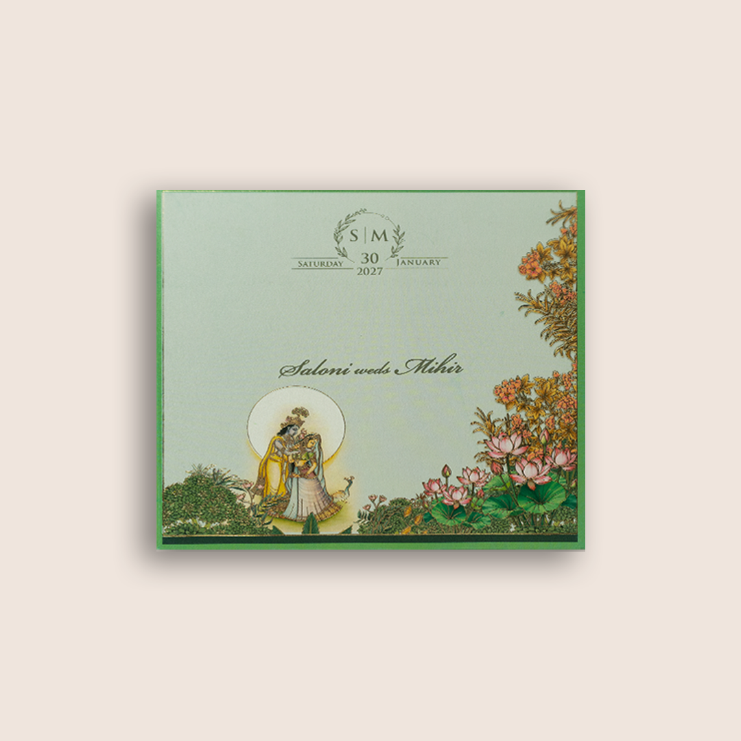 Light Blue Radha Krishna Padded Invitation Card - KPR026020