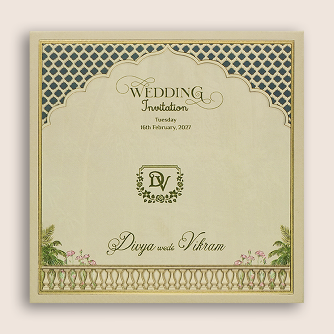 Navy Blue Laser-cut Bride Groom Wedding Card - KNAM4902