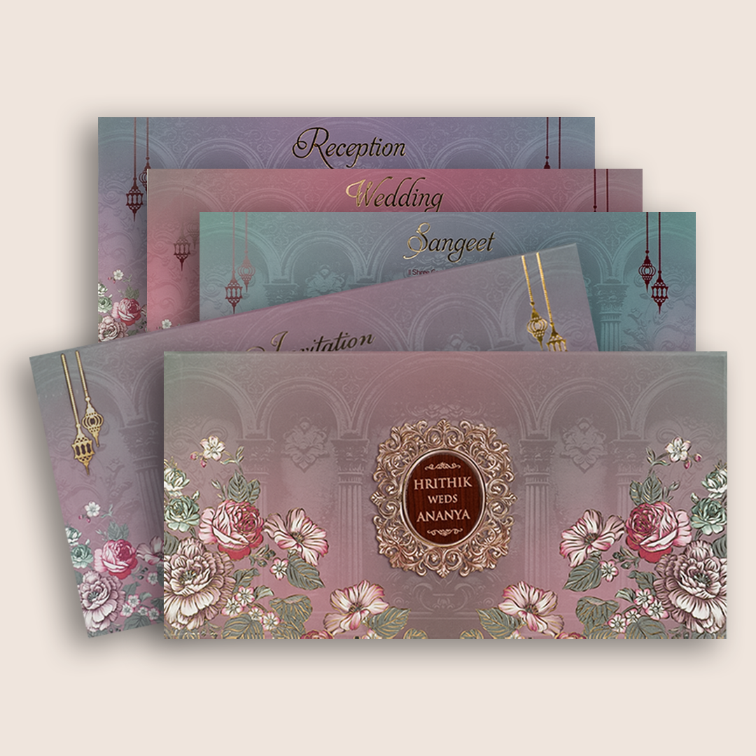 Purple Floral Embossed Padded Marriage Invitation - KVN07810