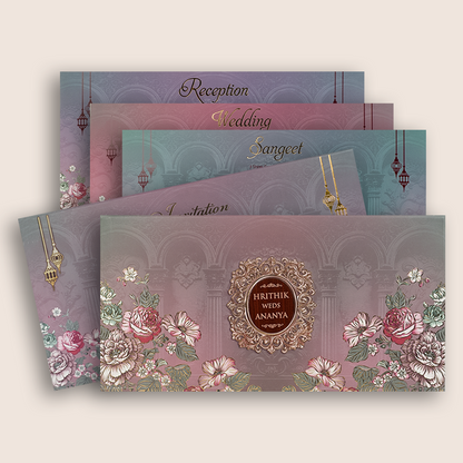 Purple Floral Embossed Padded Marriage Invitation - KVN07810