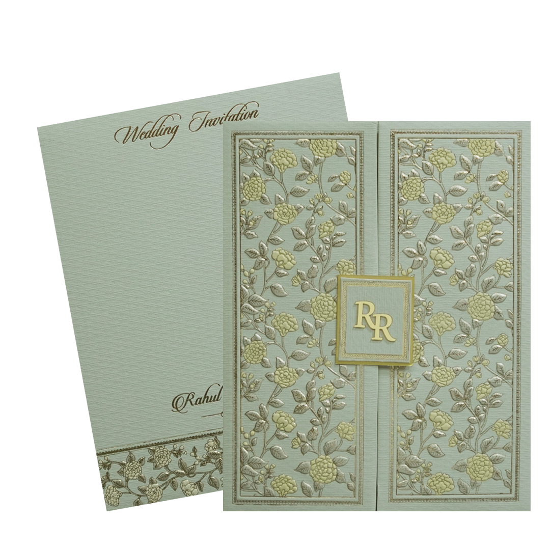 Green Gold Floral Double Door Padded Wedding Card-KMMWD1106