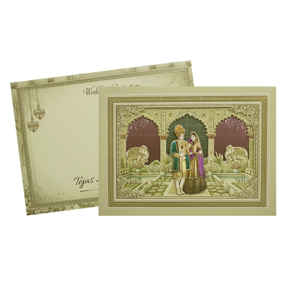 Green Palace Couple &amp; Elephant Padded Wedding Card-KMMEX8010