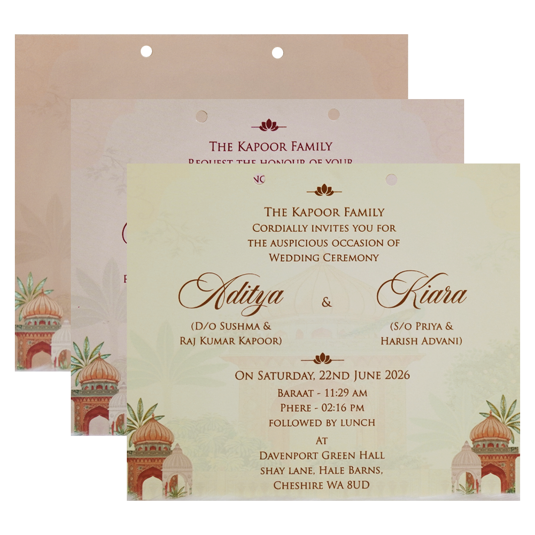 Peach Palace Elephant Baraat Wedding Card-KFR16060