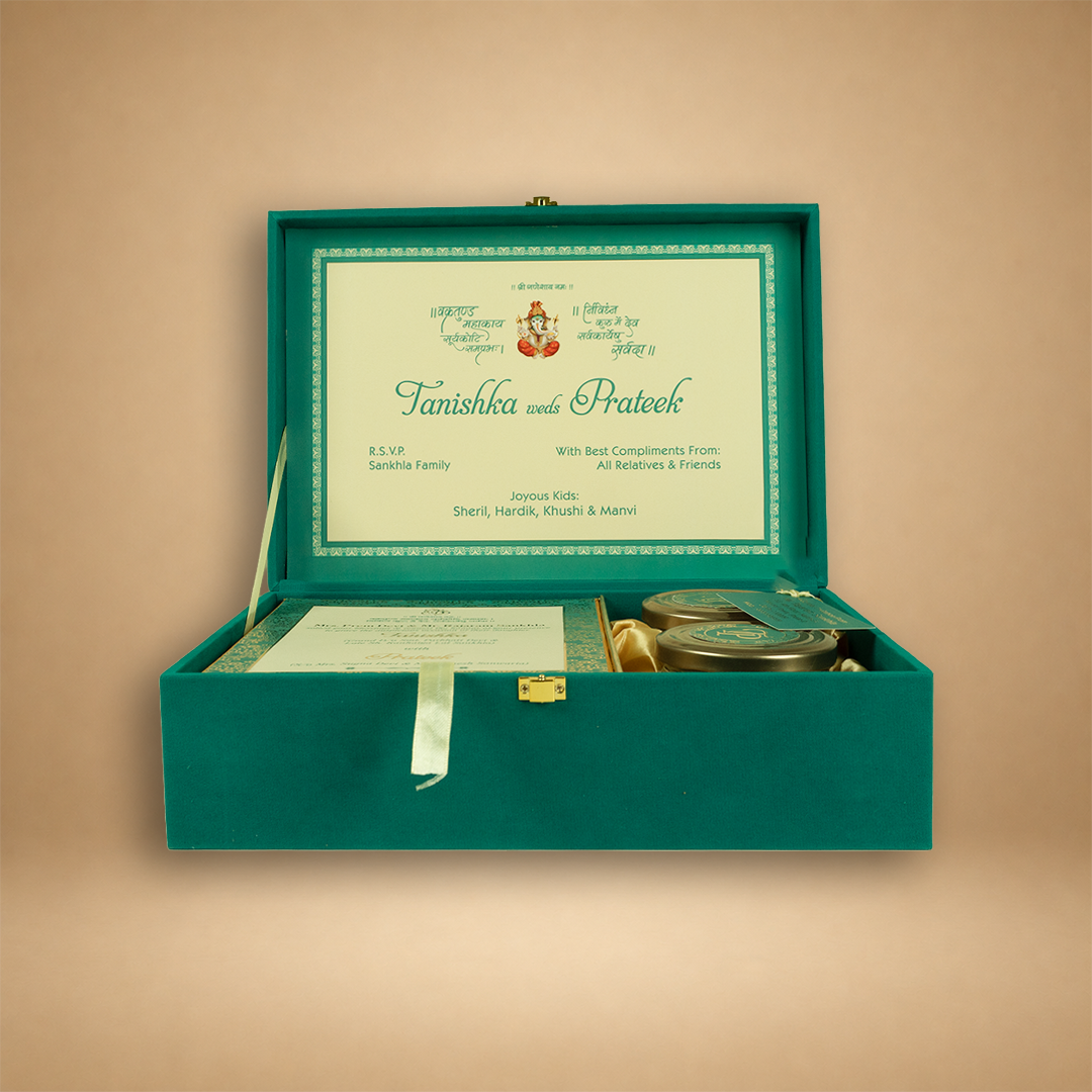 Teal Green Velvet Floral Wedding Invitation Box - KSBMD020