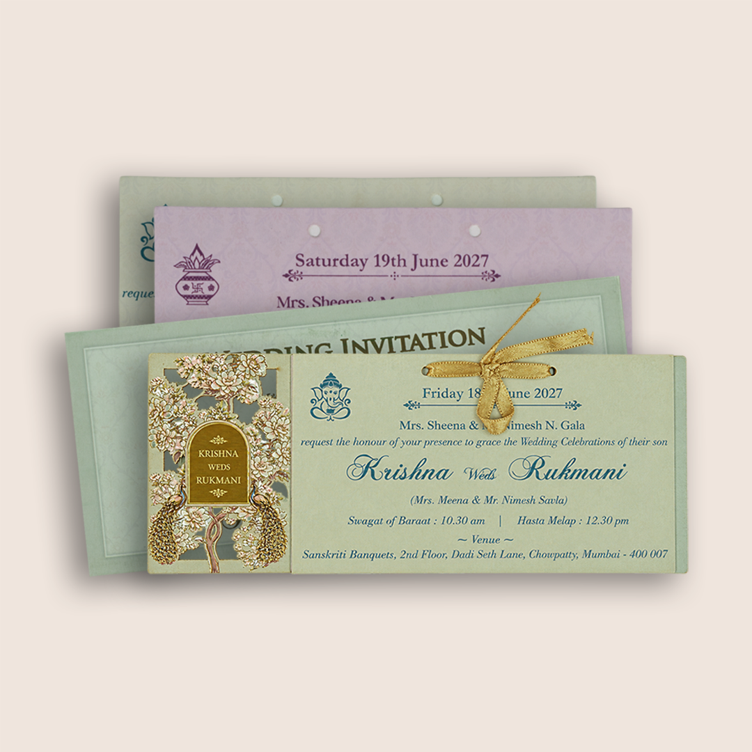Pastel Green MDF Floral Laser Cut Wedding Card - KJTS1911