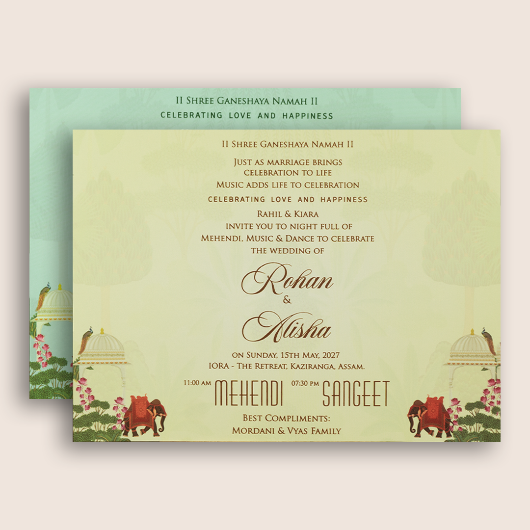 Pastel Green Embossed Elephant Padded Marriage Card - KFR15330