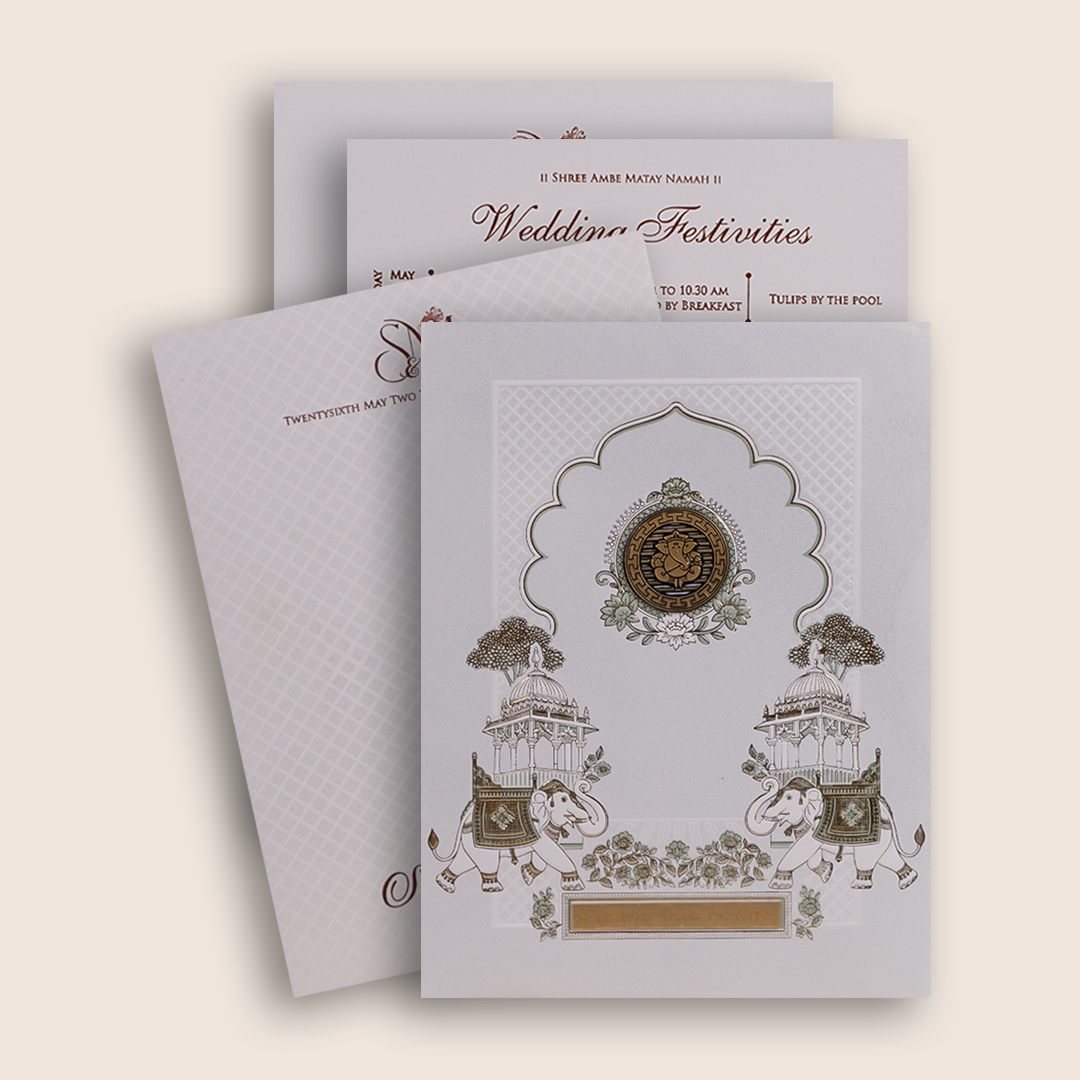 Ivory Embossed Royal Elephant Wedding Card - KRE29140