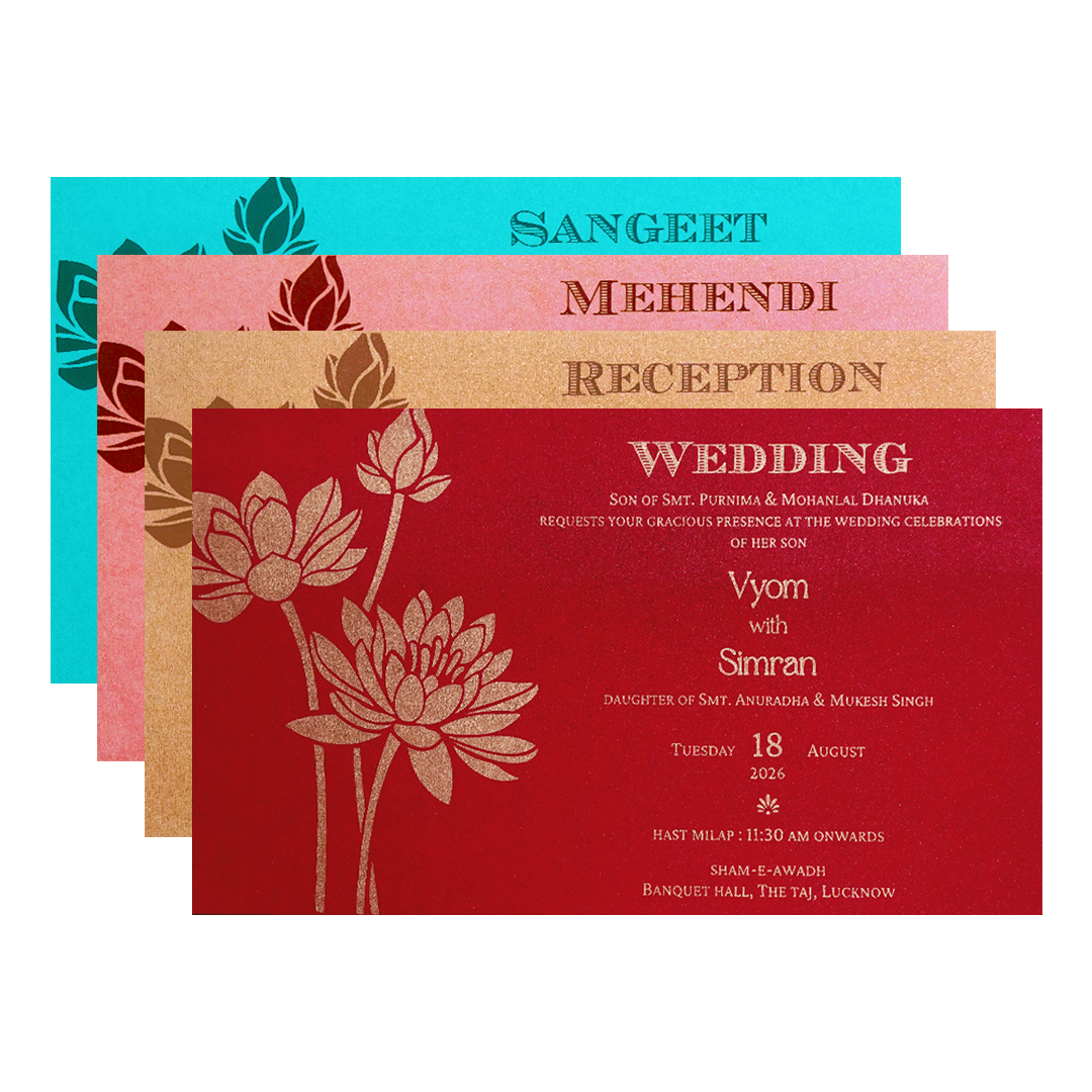 Blue Gold Embossed Lotus Wedding Invitation Card-KPR06340