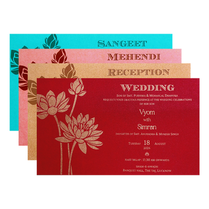 Blue Gold Embossed Lotus Wedding Invitation Card-KPR06340