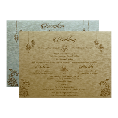 Light Grey Padded Door Style Embossed Gold Foil Wedding Invitation Card-KRB09760