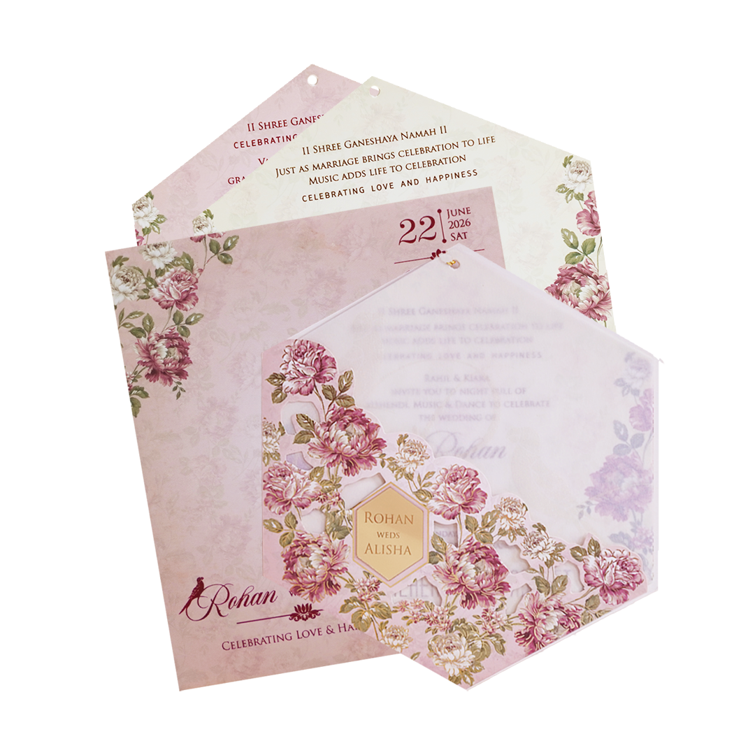 Pink Floral Parrot Laser Cut Wedding Card - KFR15170
