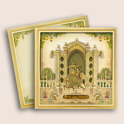 Beige Palace Elephant Padded Wedding Card - KNAM4905
