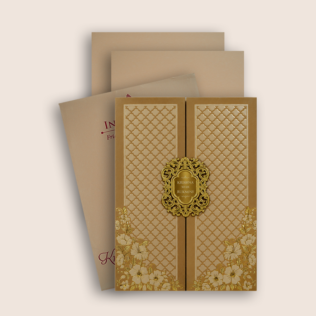Light Brown Floral Padded Door Style Wedding Card - KJTS1955