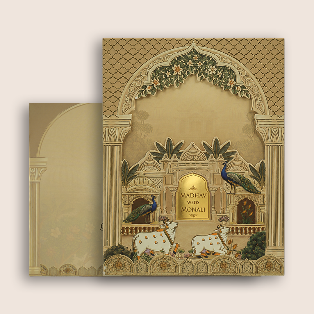 Cream Kamadhenu Floral Laser Cut Padded Invitation Card - KJTS3697
