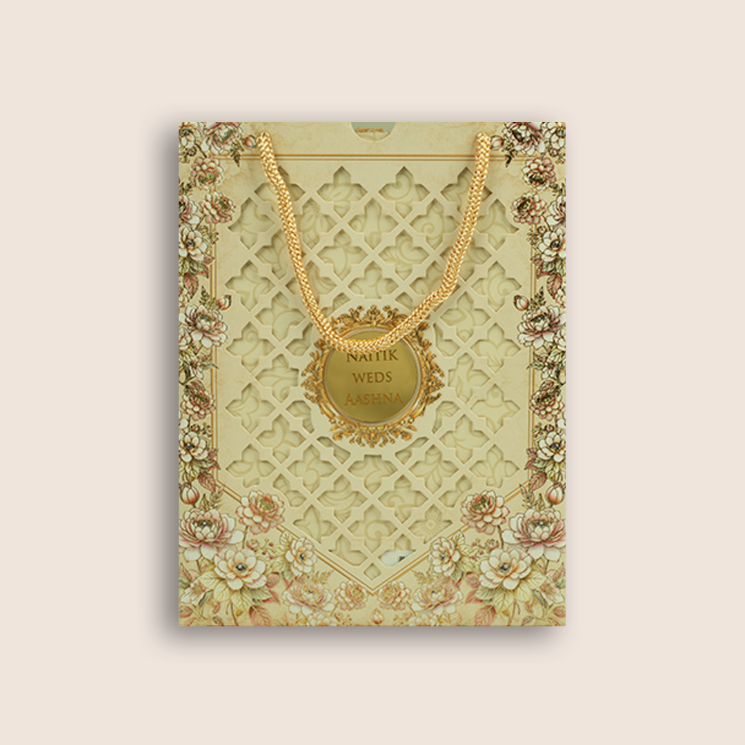 Beige Floral Laser Cut Bag Style Invitation Card - KPR07180