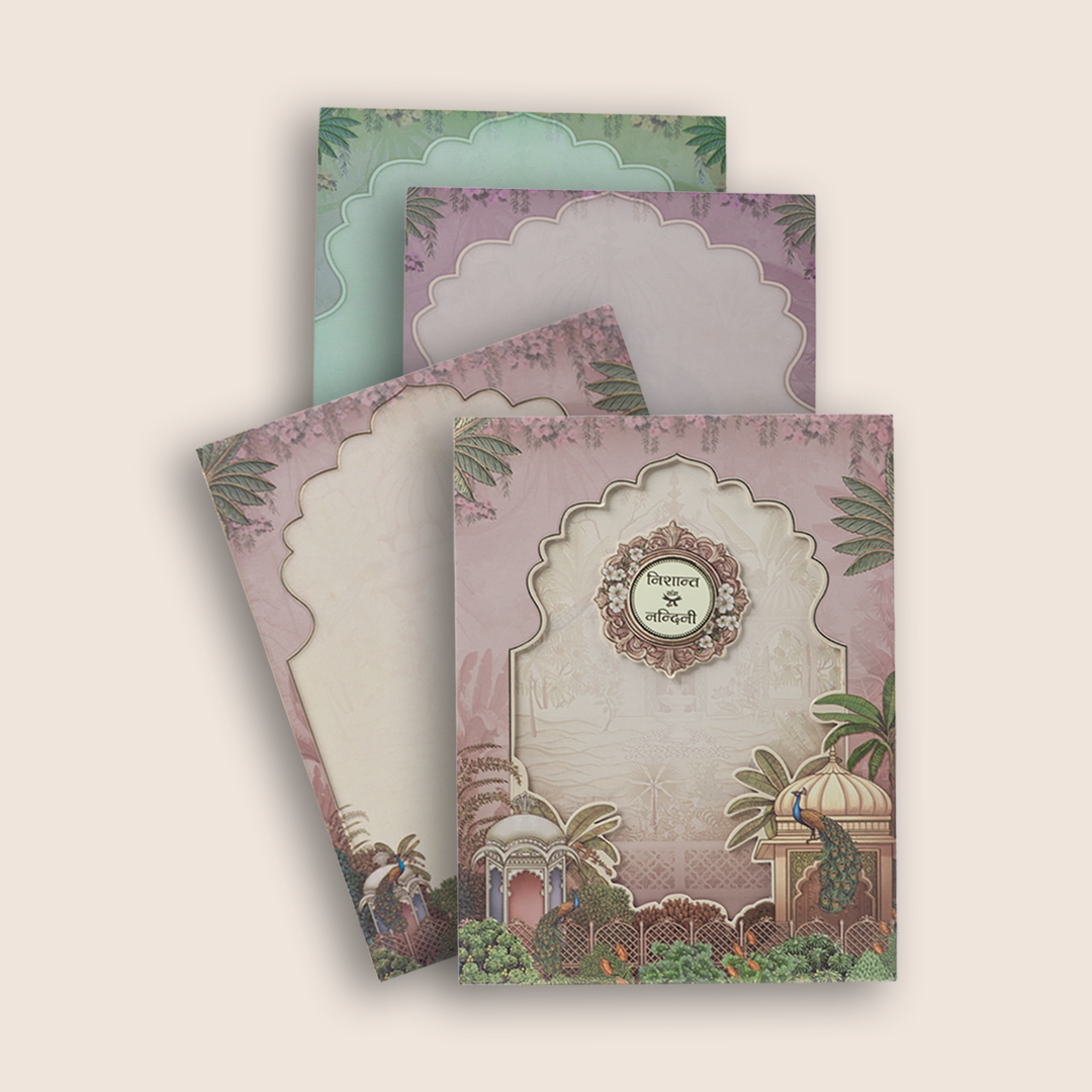 Pastel Pink Jharokha Padded Wedding Card - KAA05700