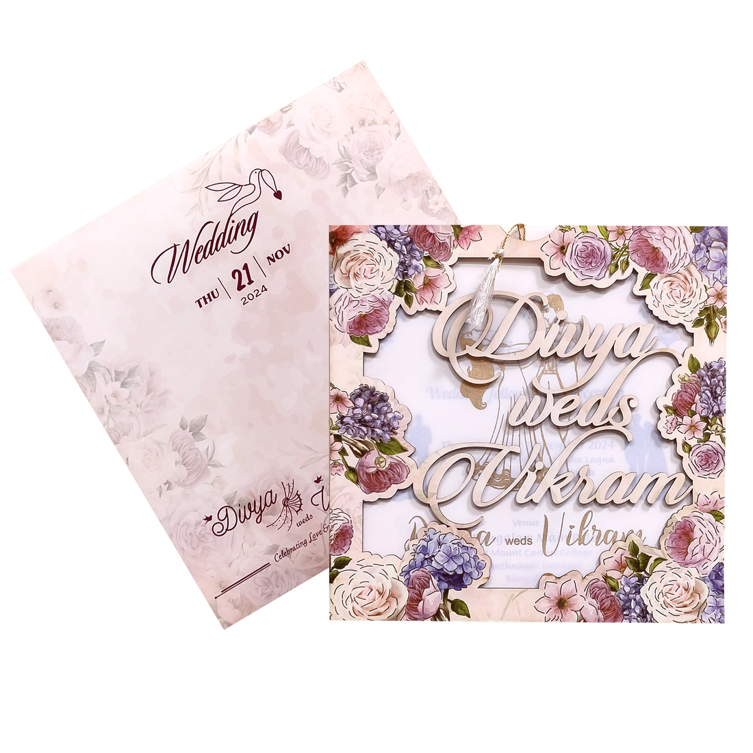 Peach Floral MDF Laser Cut Wedding Card-King of Cards