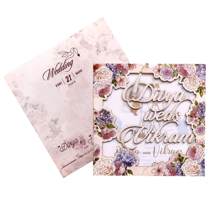 Peach Floral MDF Laser Cut Wedding Card-King of Cards